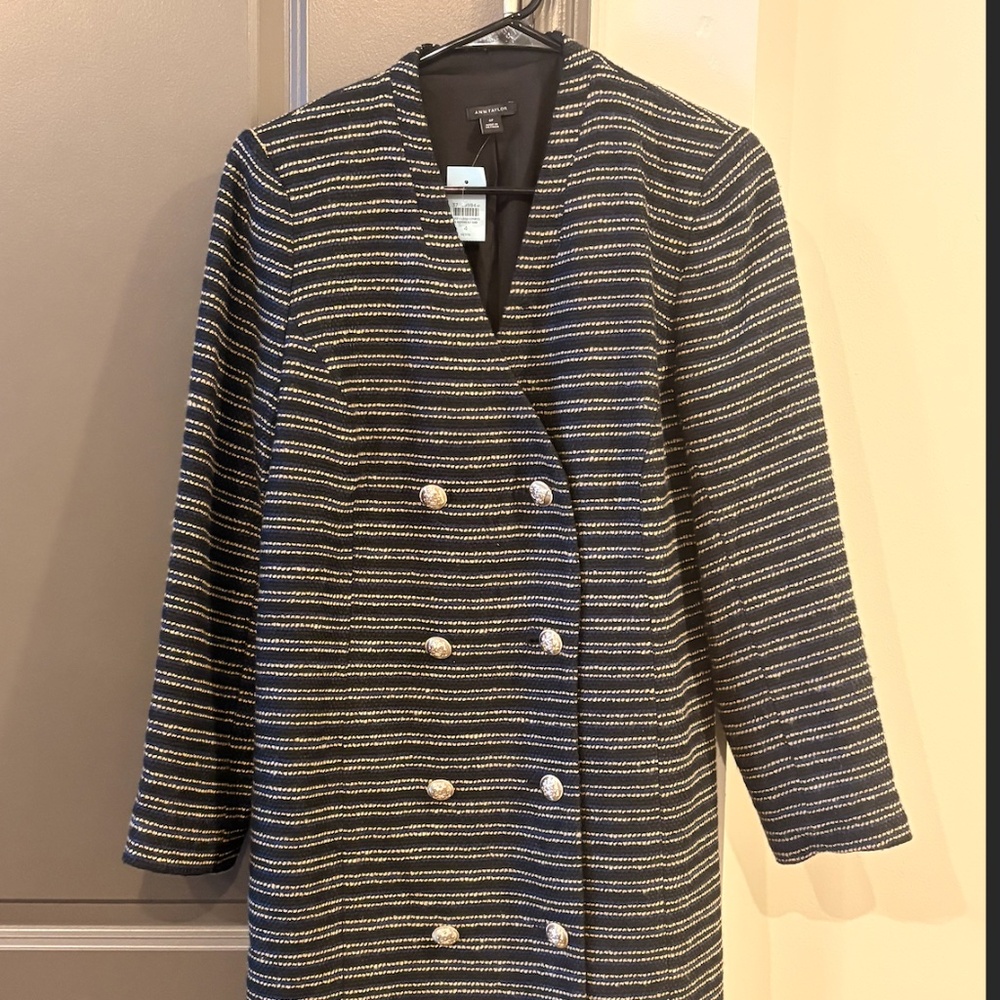 Ann Taylor Black & Cream Double Breasted Tweed Dress | Size 4 Petite | NWT